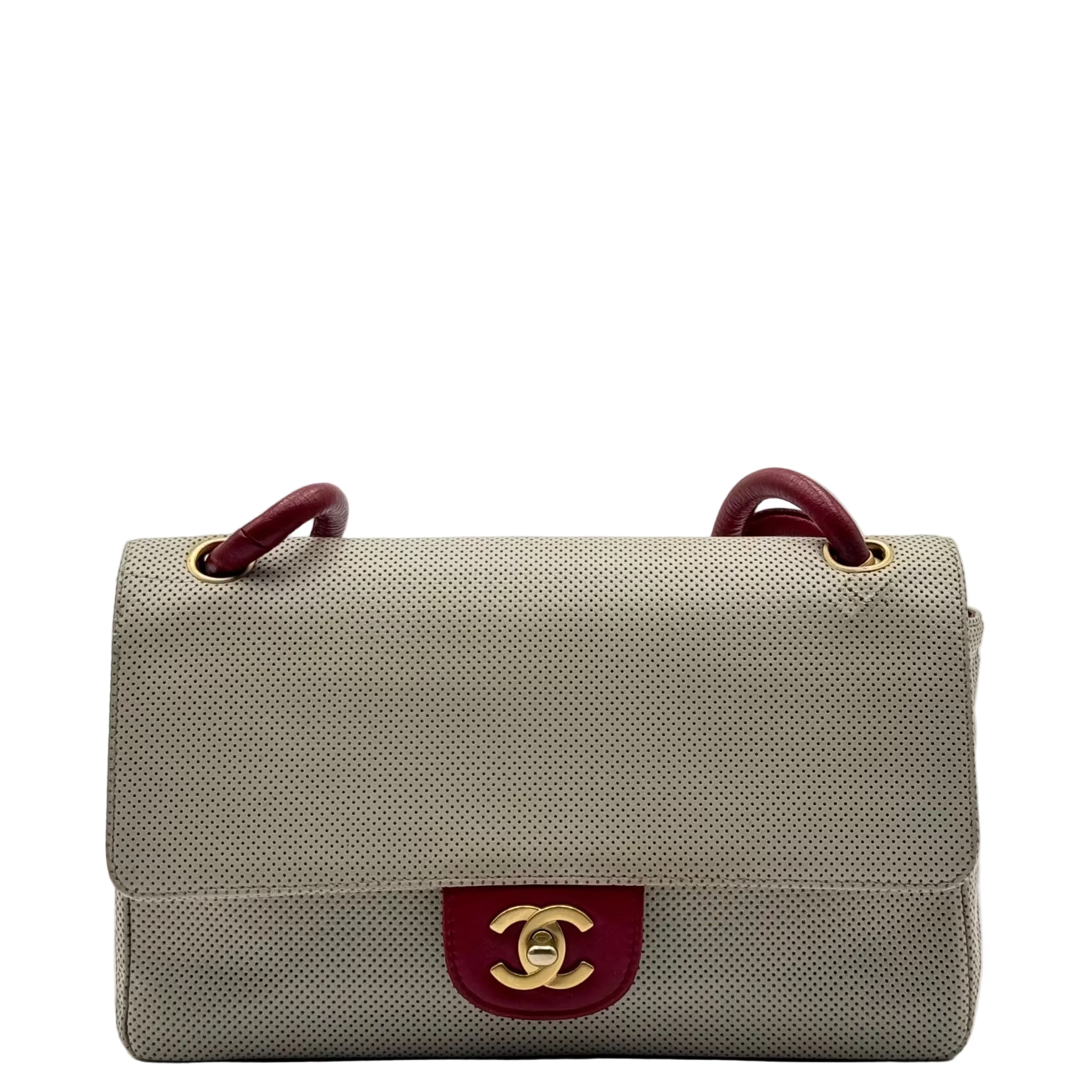 Chanel Beige Red Perforated Leather Flap Bag