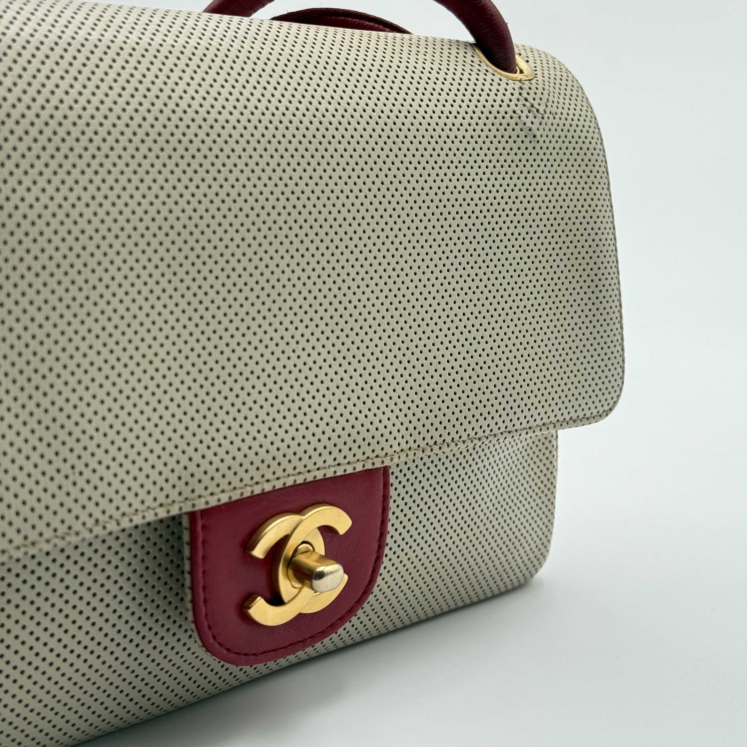 Chanel Beige Red Perforated Leather Flap Bag
