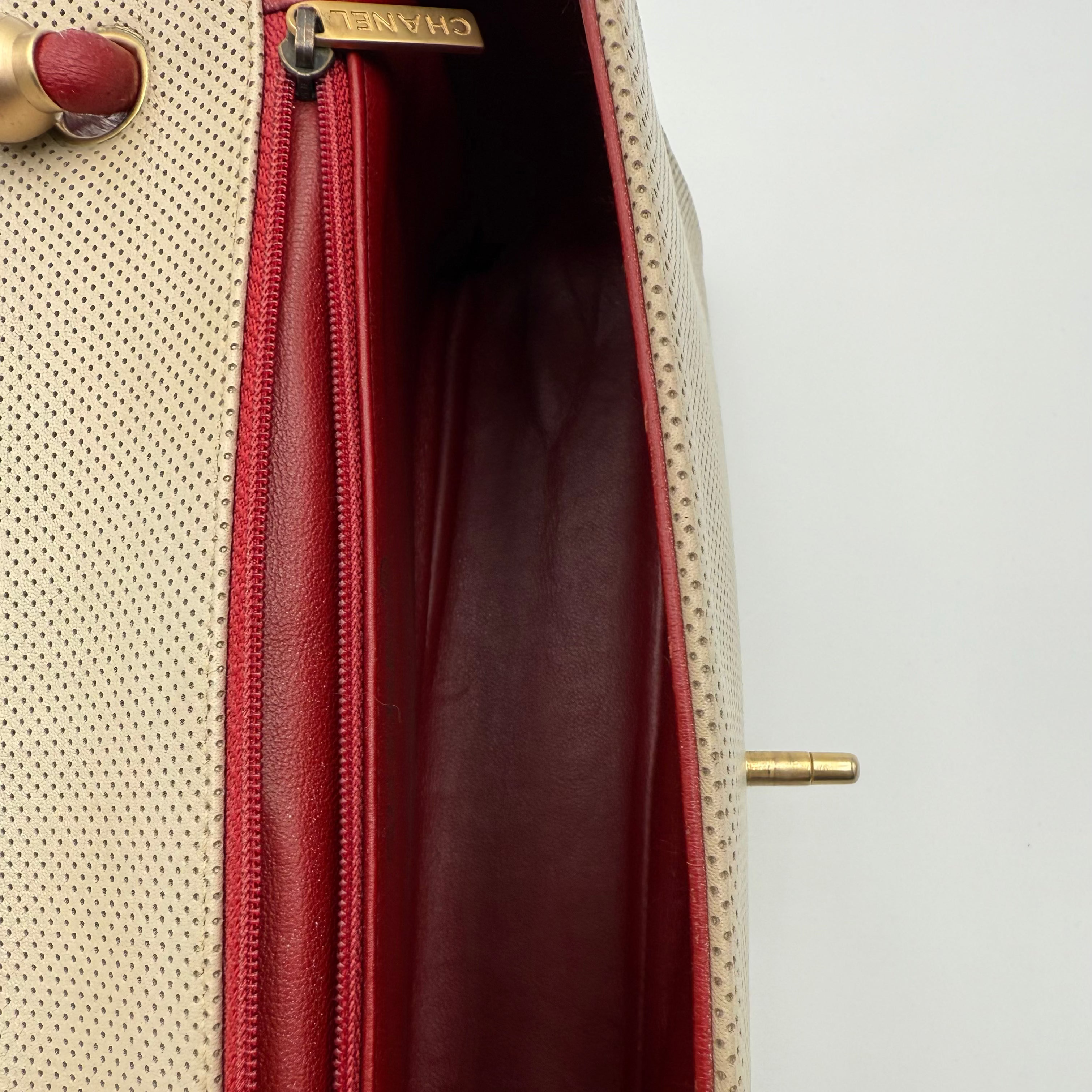 Chanel Beige Red Perforated Leather Flap Bag