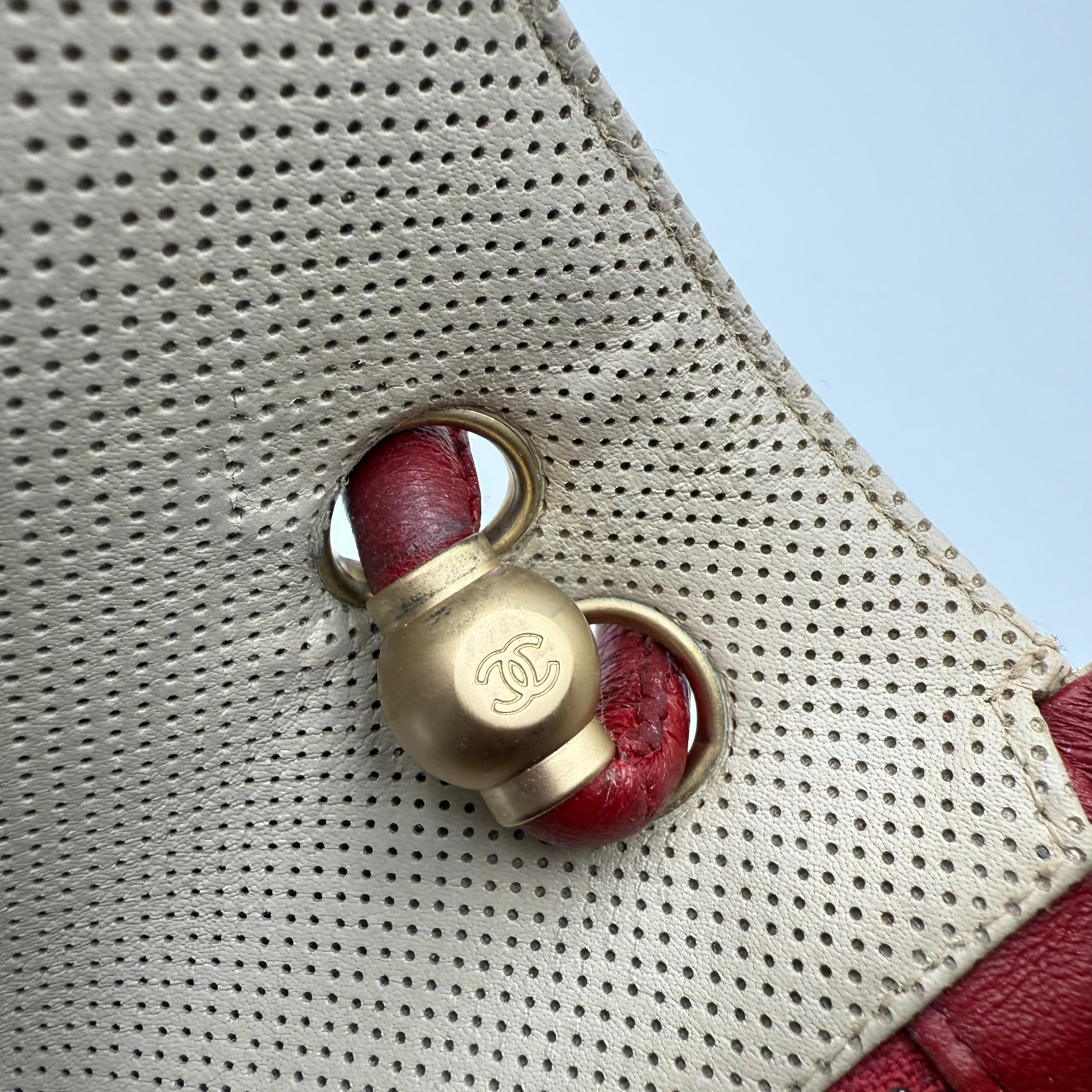 Chanel Beige Red Perforated Leather Flap Bag