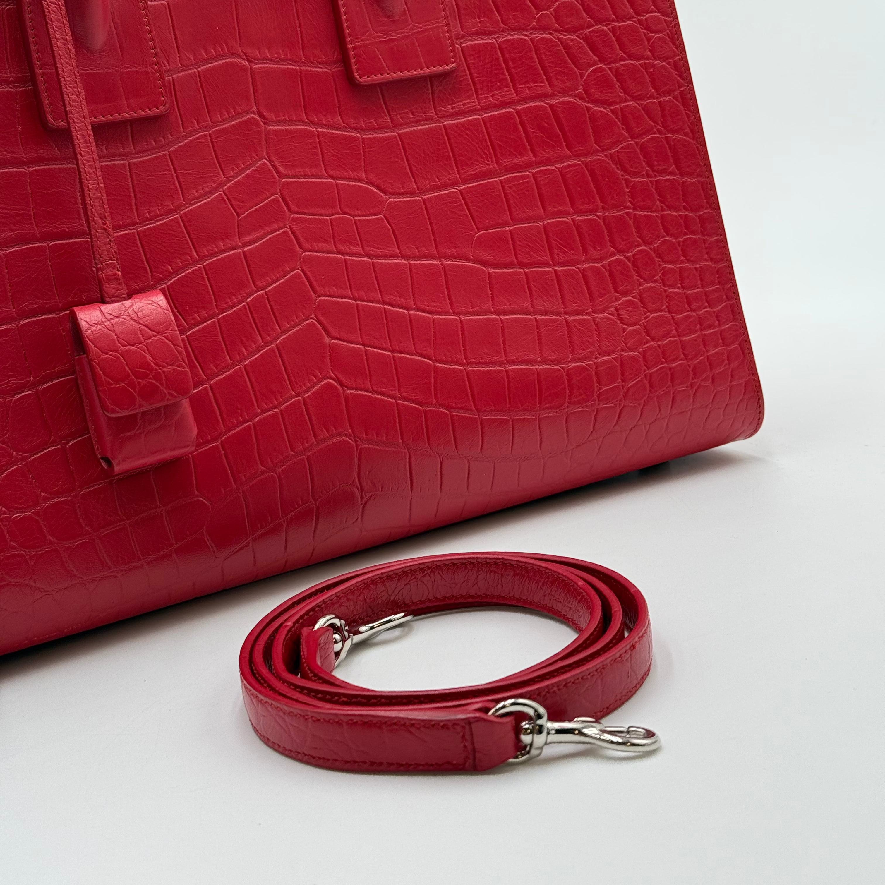 Saint Laurent Red Crocodile Embossed Leather Sac De Jour Small