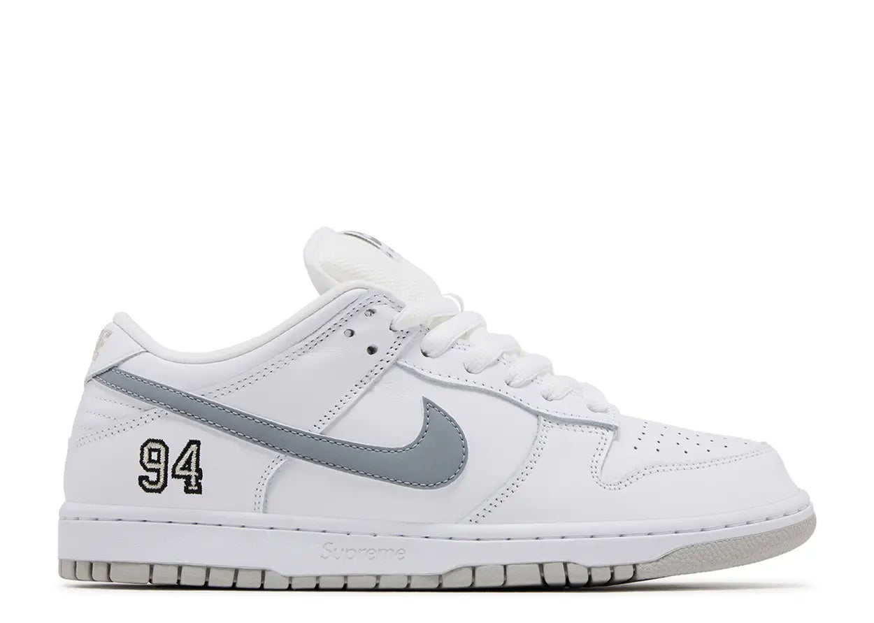 SB Dunk Low Supreme 94 White Metallic Silver