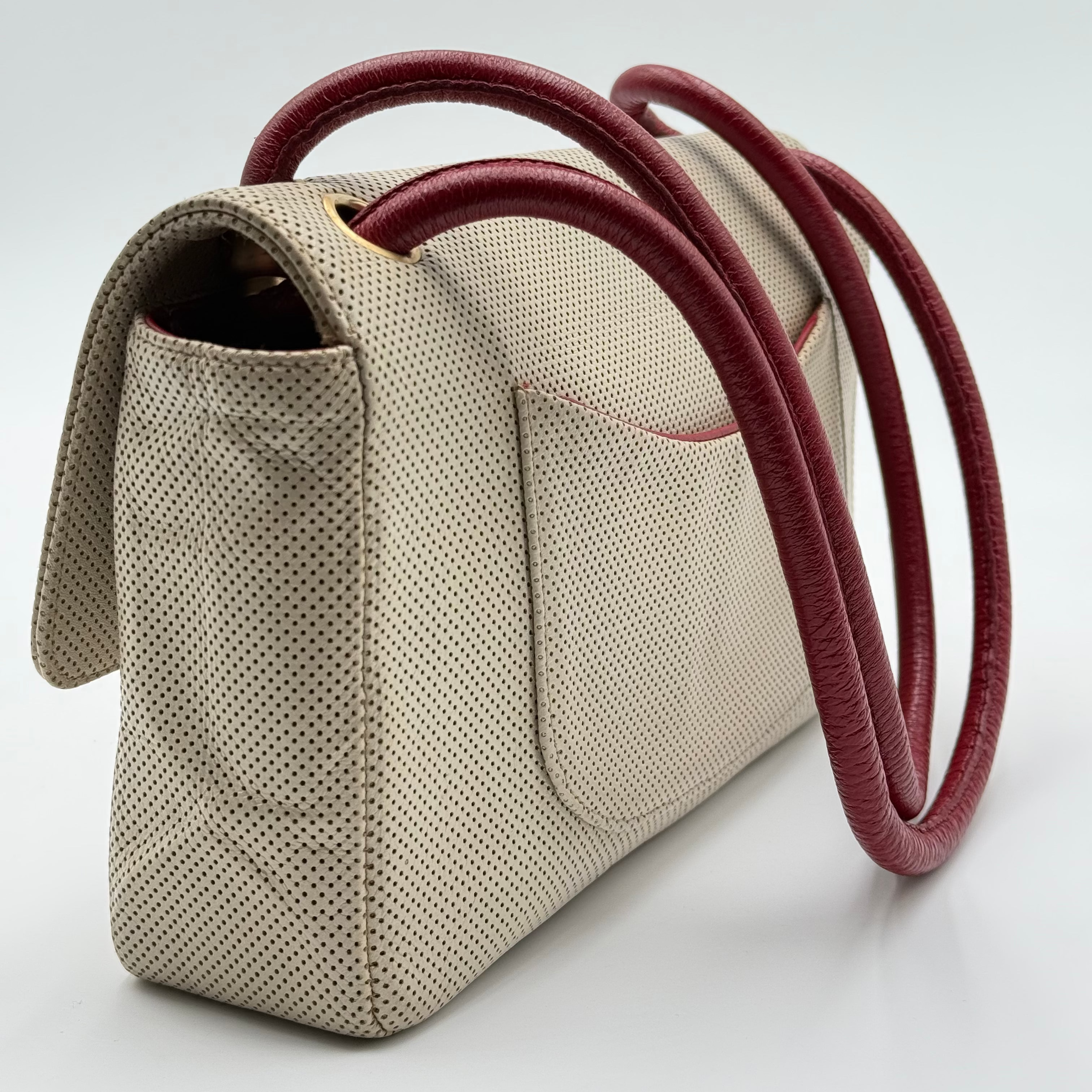 Chanel Beige Red Perforated Leather Flap Bag