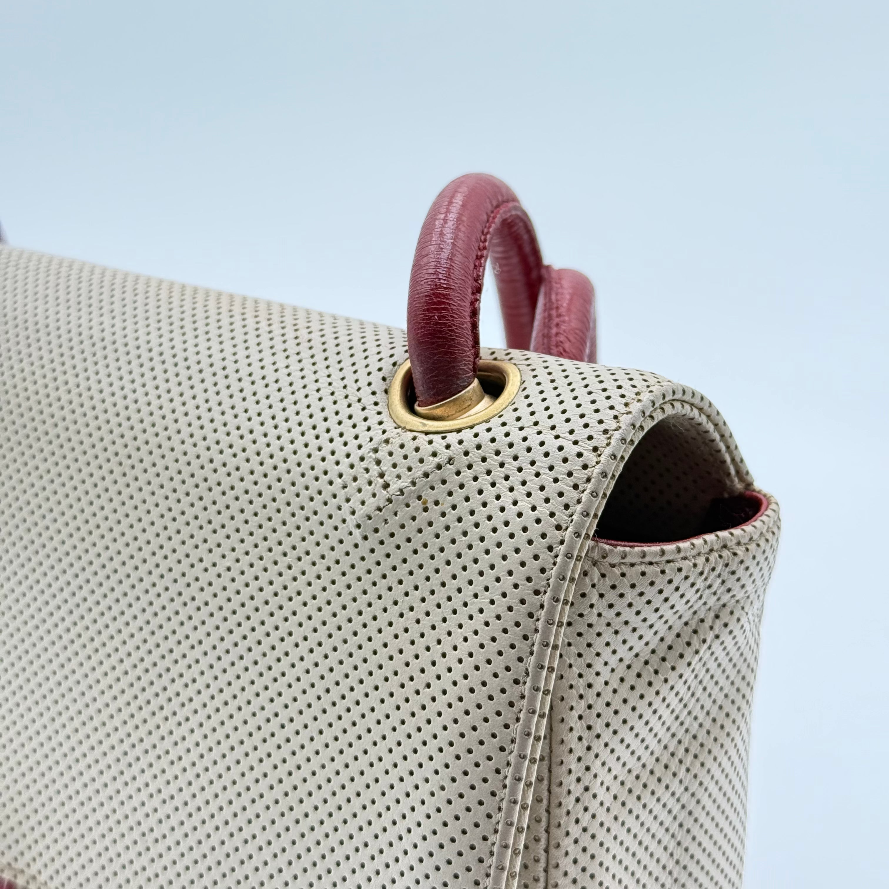 Chanel Beige Red Perforated Leather Flap Bag
