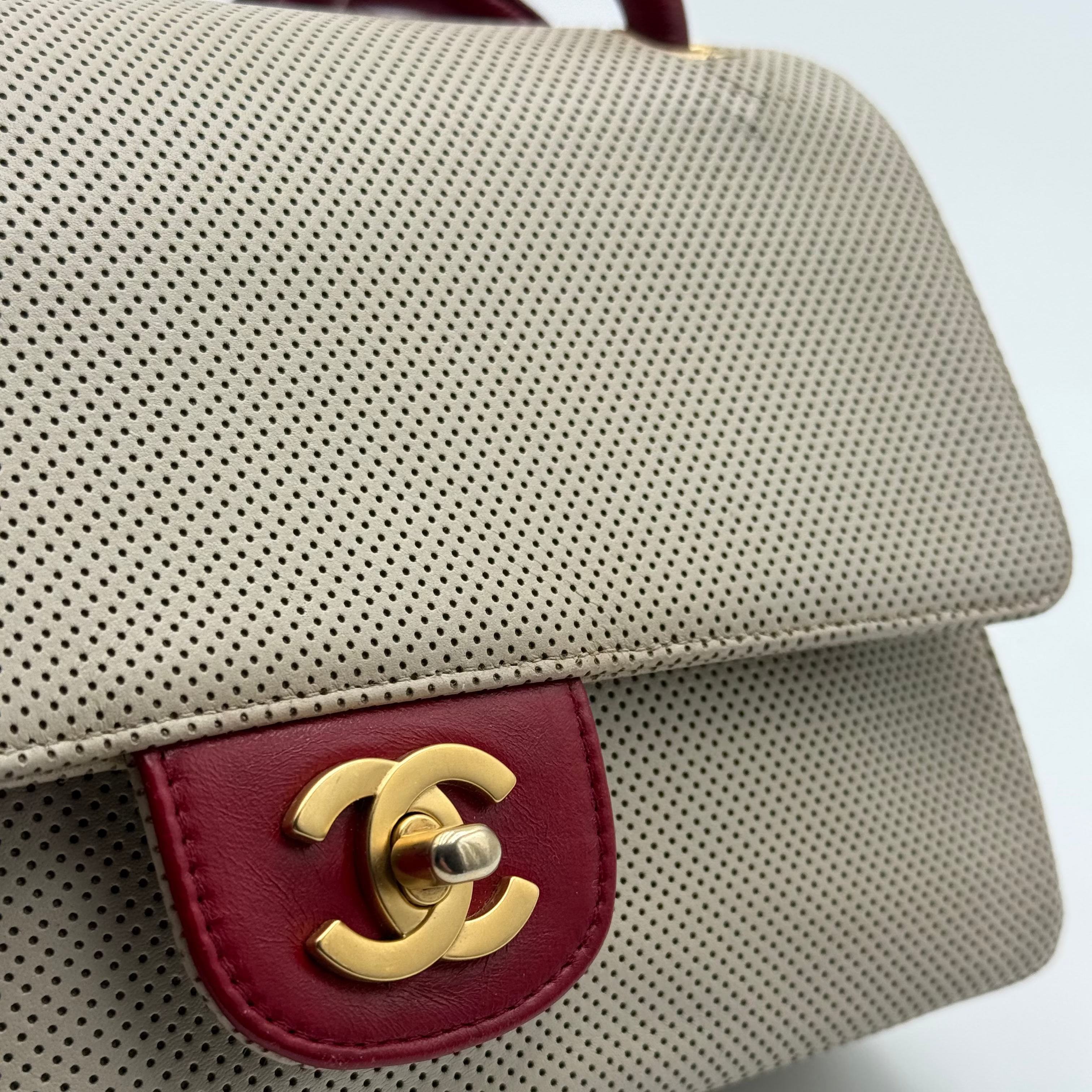 Chanel Beige Red Perforated Leather Flap Bag