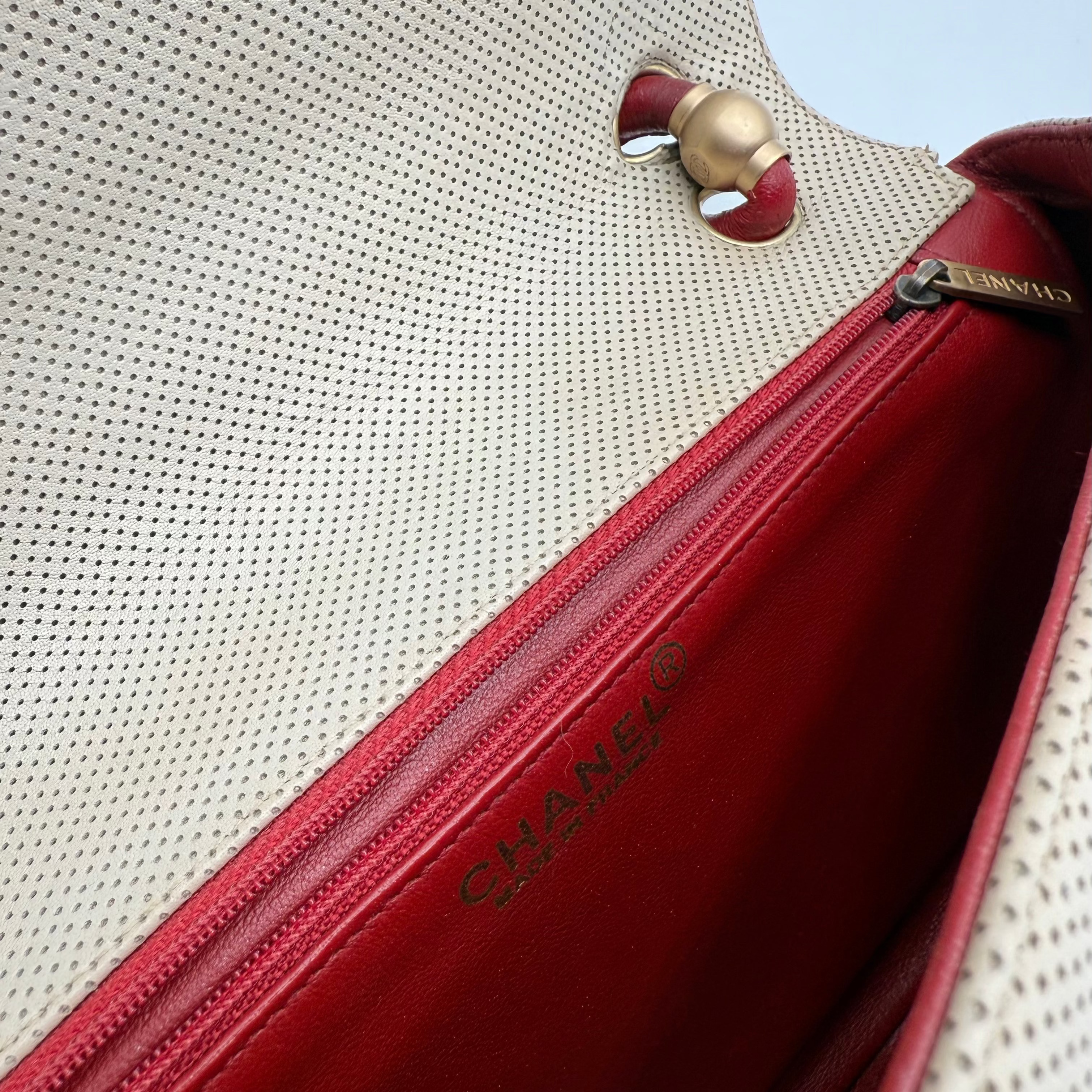 Chanel Beige Red Perforated Leather Flap Bag